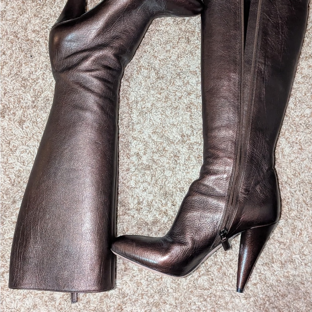 Prada Knee High Leather Stiletto Boots Brown Metallic Pointed Toe Size 38